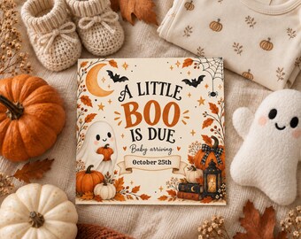 Halloween Pregnancy Announcement Template, Little Boo Is Due, Editable Canva Digital