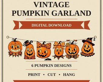 Vintage Pumpkin Garland, Retro Halloween Banner (Digital Download)