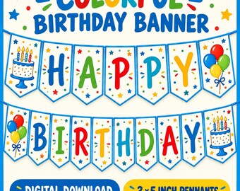 Colorful Birthday Banner, Rainbow Kids Party Decor, Digital Download