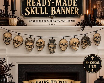 Handmade Vintage Skull Halloween Banner, Gothic Mantel Garland (Physical Item)