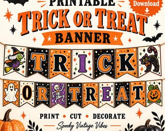Trick or Treat Banner, Vintage Halloween Pennant Decor, Printable, Digital Download