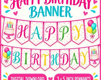 Bright Birthday Banner, Colorful Polka Dot Party Decor, Digital Download