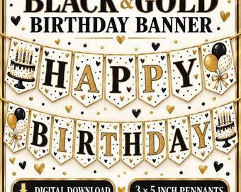 Black Gold Birthday Banner, Milestone, Elegant Adult Party Decor, Digital Download