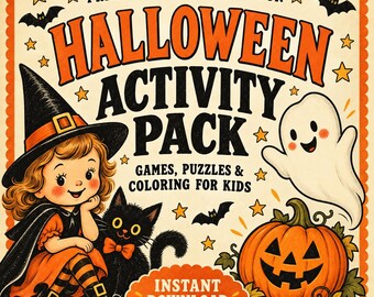 Halloween Activity Pack, Kids Printable Games Puzzles Coloring, 14 Page Bundle, Digital Download