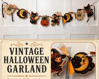 Handmade Vintage Halloween Garland, Witch Ghost Cat Banner (Physical Item)
