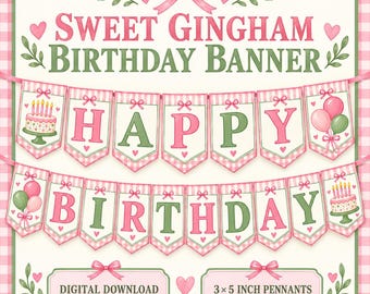 Pink Green Gingham Birthday Banner, Preppy Party Decor, Digital Download