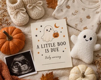 Halloween Pregnancy Announcement Template, A Little Boo Is Due, Editable Canva Baby Announcement, Digital Download