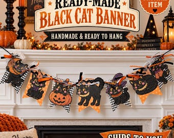 Handmade Black Cat Halloween Banner, Vintage Mantel Decor (Ready-Made)