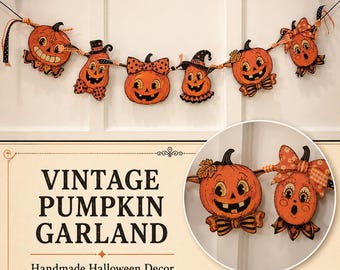 Vintage Pumpkin Banner | Halloween Party Decor | Handmade Fall Mantel Bunting