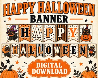 Happy Halloween Banner, Vintage Black Cat Pennant Decor, Printable, Digital Download