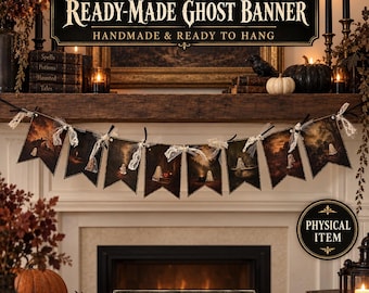 Handmade Gothic Ghost Banner, Vintage Haunted Garland, Lace Ribbon Accents (Physical Item)