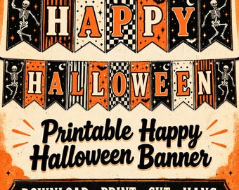 Happy Halloween Printable Banner, Skeleton Pennant Garland, Orange Black Halloween Decor, Instant Digital Download