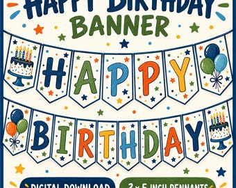 Navy Green Birthday Banner, Boy Party Decor, Digital Download