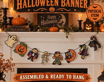 Handmade Vintage Halloween Banner Garland, Ghost, Witch, Cat, Pumpkin (Physical Item)