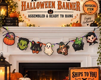 Handmade Halloween Character Banner Garland, Witch Ghost Cat Mantel Decor (Physical Item)