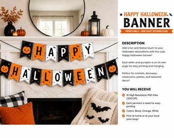 Happy Halloween Banner Printable | Fall Mantel Bunting | Instant Download Party Decor