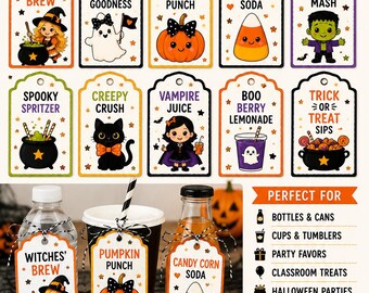 Candy Corn Drink Tags Printable | Halloween Party Favor Labels | Girls Halloween Decor