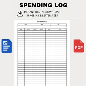 Può includere: Un modello di registro delle spese con il titolo "SPENDING LOG" in grassetto nero. Il modello include sezioni per data, importo, categoria, pagamento, fornitore e note. È visibile anche il testo "INSTANT DIGITAL DOWNLOAD".