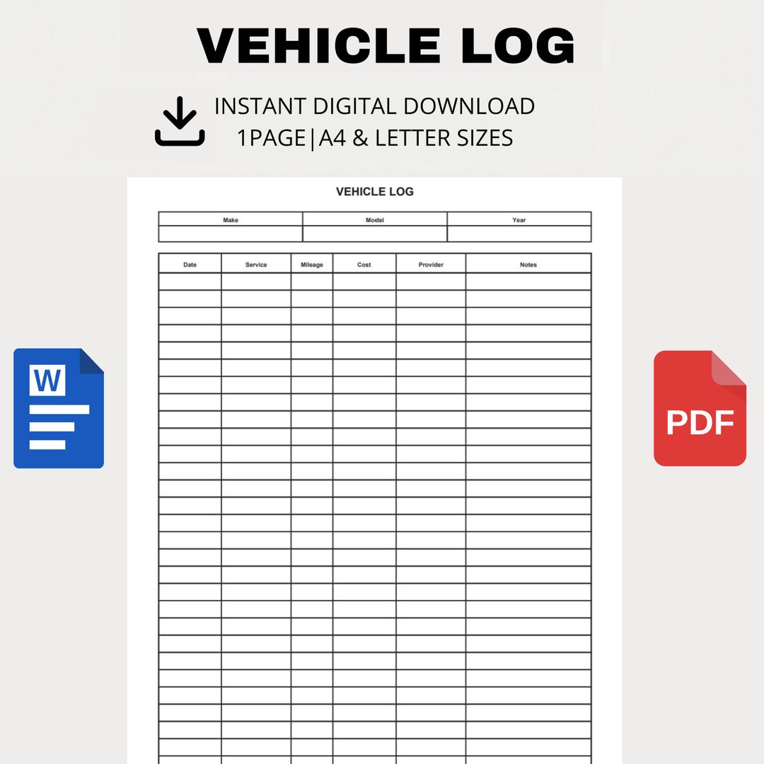 Vehicle Log Printable, Car Maintenance Tracker, Auto Service Record ...