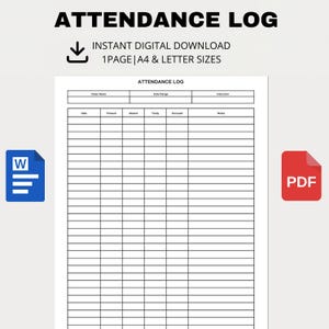 Può includere: Un modello di registro delle presenze in bianco e nero con il titolo "ATTENDANCE LOG" in alto. Il modello include campi per il nome della classe, l'intervallo di date, l'istruttore, la data, presente, assente, in ritardo, scusato e note.