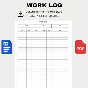 Op de afbeelding: Een digitale werklog-sjabloon met de titel "WORK LOG". De sjabloon bevat velden voor werknemer, project, maand, datum, uren, taak, status, prioriteit en notities. Directe digitale download, A4- en Letter-formaten.