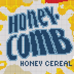 May include: A box of Honey Combs honey cereal with a yellow and white background. The box has a red and white stripe across the top and the words "Honey Combs" in blue letters. The words "Honey Cereal" are printed in white letters at the bottom of the box.