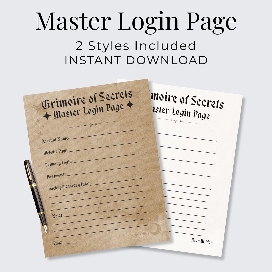 Printable Master Login Page PDF | Password Organizer Sheet | Witchy ...