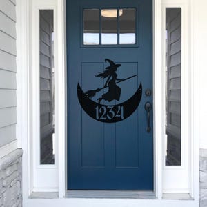 Flying Witch Address Sign | Crescent Moon Address Sign | Personalized Metal House Number Plaque | Gothic Halloween Home Décor