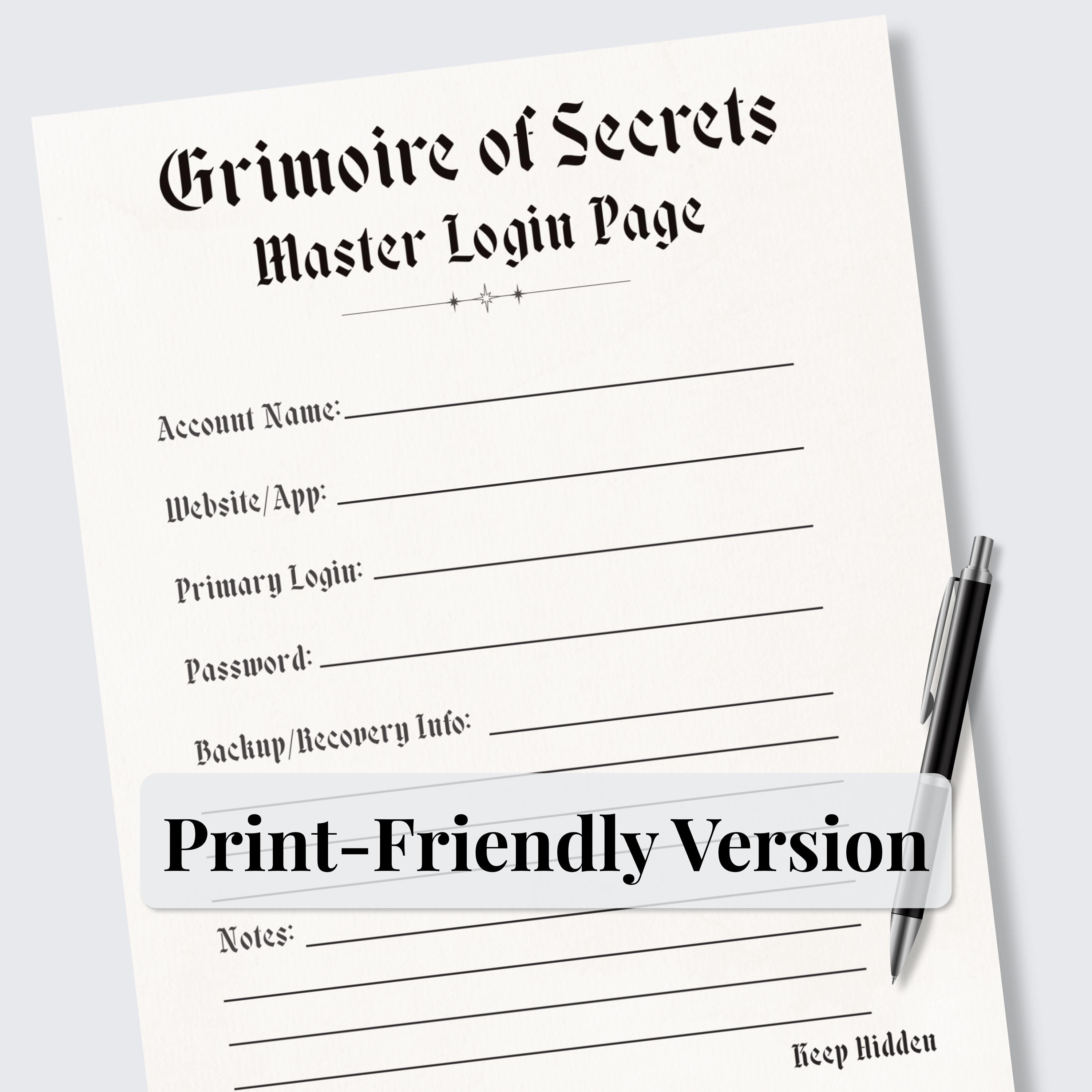 Printable Master Login Page PDF | Password Organizer Sheet | Witchy ...