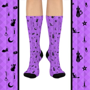 Witchy Cat Crew Socks, Halloween Socks, Gift for Cat Lovers, Purple Geometric Pattern Socks, Witch Hat Design, Witch Familiar Footwear