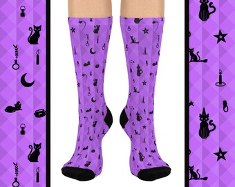 Witchy Cat Crew Socks, Halloween Socks, Gift for Cat Lovers, Purple Geometric Pattern Socks, Witch Hat Design, Witch Familiar Footwear