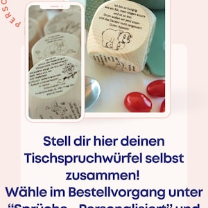 Könnte beinhalten: Ein Holzwürfel mit einer Bärenillustration und dem Text "Ich bin so hungrig wie ein Bär, mein Magen knurrt und ist so leer. Drum wollen wir jetzt essen und das Danken nicht vergessen! Guten Appetit!" Der Würfel ist Teil eines Sets aus Holzwürfeln mit verschiedenen Sprüchen. Die Würfel befinden sich auf einer weißen Oberfläche mit roten Tomaten.