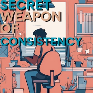 Puede incluir: Una persona está sentada en un escritorio frente a una computadora, trabajando. El texto "THE SECRET WEAPON OF CONSISTENCY" se muestra en letras grandes y en negrita en la parte superior de la imagen. La imagen está en un estilo de dibujos animados con un fondo rosa.