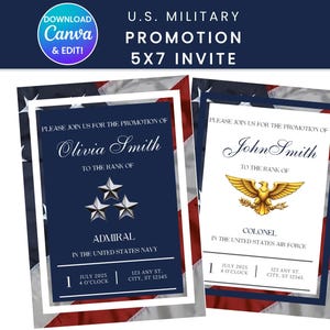 Patriotic Military Promotion or Retirement Invitation | Army, Navy, Air Force, Marines, Space Force | Edit on Canva | 5x7 Digital Download