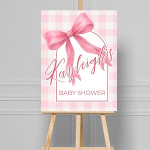 Bearbeitbares Babyparty Willkommensschild | Gingham Rosa Bogen Vorlage | Baby Girl Shower Leinwand Poster | Sofort Download