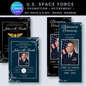 May include: A set of U.S. Space Force promotion and retirement invitation and programme templates. The designs feature dark blue and black backgrounds with white text, decorative borders, a gold eagle emblem, and placeholders for a portrait photo.