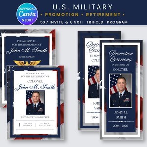 May include: A set of U.S. Military promotion and retirement invitation and program templates featuring a blue, white, and red flag background. The designs include text such as "Please join us for the promotion of John M. Smith" and "Promotion Ceremony in honor of Colonel John M. Smith" with placeholders for photos and event details.