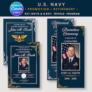 May include: A set of U.S. Navy promotion and retirement invitation and program templates in dark blue with gold accents. The designs feature text including U.S. NAVY, PROMOTION, RETIREMENT, and placeholders for names, dates, and a photograph of a service member.