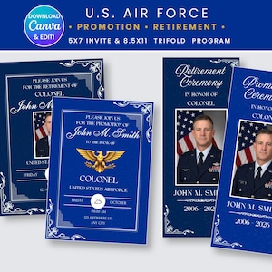 U.S. Air Force Promotion or Retirement Bundle | Editable Canva 5x7 Invitation & Trifold Program | Digital Download
