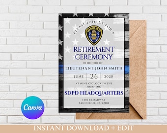 Police Retirement, Police Officer Retirement |  Retirement Invite, Retirement Party | Thin Blue Line | Edit Digital Template on Canva