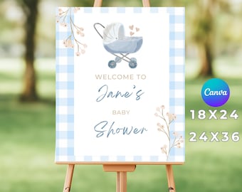 Rustic Blue Gingham Baby Shower Welcome Sign | Editable Canva Template (Instant Download)