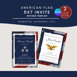 Invito per promozione o incarico militare con bandiera americana / Aeronautica, Marina, Forza spaziale / Modello modificabile su Canva / Download digitale