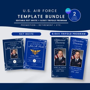 U.S. Air Force Werbung Ruhestand Zeremonie Einladung Trifold Programm Bundle (Digitaler Download) ich bearbeite auf Canva