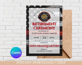 Puede incluir: Una invitación a una ceremonia de jubilación roja, blanca y azul para el capitán John Smith. La invitación presenta un logotipo del departamento de bomberos y el texto "PLEASE JOIN US FOR A RETIREMENT CEREMONY" en letras rojas en negrita. La ceremonia se llevará a cabo en la sede de SDFD el 26 de junio de 2025 a las 9:00 AM.