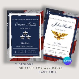 Invitación a ascenso o nombramiento militar con la bandera estadounidense / Fuerza Aérea, Marina, Fuerza Espacial / Plantilla editable en Canva / Descarga digital