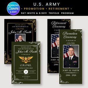 Könnte beinhalten: Ein Set aus U.S. Army Beförderungs- und Ruhestandspapeterie in Schwarz und Olivgrün mit goldenen Akzenten. Die Vorlagen umfassen 12,7x17,8 cm Einladungen und 21,6x27,9 cm Faltprogramme mit Platz für Fotos, Namen und Daten für die Zeremonien.
