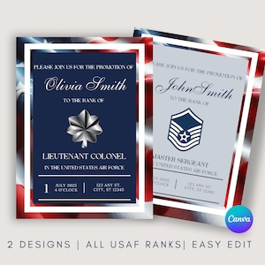 USAF American Flag Promotion or Commissioning Ceremony Invitation | Editable on Canva | Customize U.S. Air Force Promotion Invite With Rank