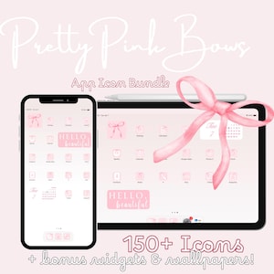 以下が含まれることがあります： 150種類以上のアイコン、ボーナスウィジェット、壁紙を含むピンクと白のアプリアイコンバンドル。アイコンはピンクのリボンをテーマにしており、「Hello Beautiful」などのテキストが含まれています。