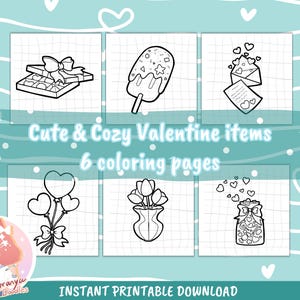 Cute Valentine Items Coloring Page For Adult x6,Cute And Cozy,Relaxing,Stress Relief,Adorable Items,Printable Digital Download,Bold and Easy