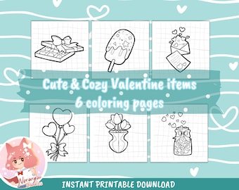 Cute Valentine Items Coloring Page For Adult x6,Cute And Cozy,Relaxing,Stress Relief,Adorable Items,Printable Digital Download,Bold and Easy